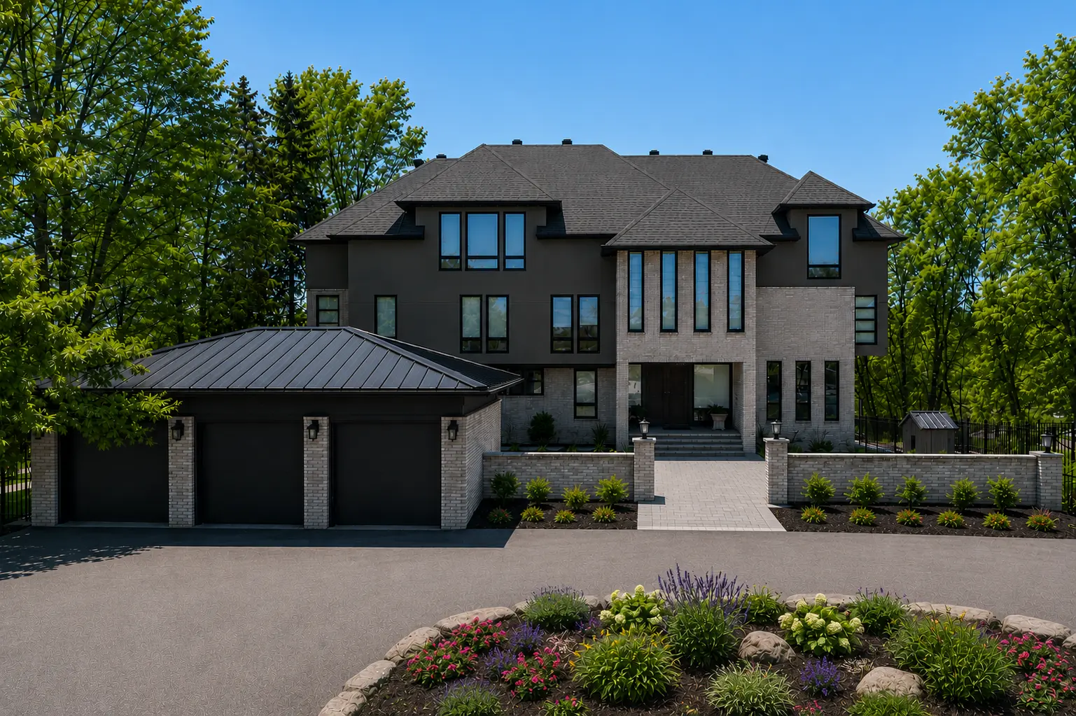 The front of the 12 Lodge residence in Ottawa, showing the main entrance, driveway and garage