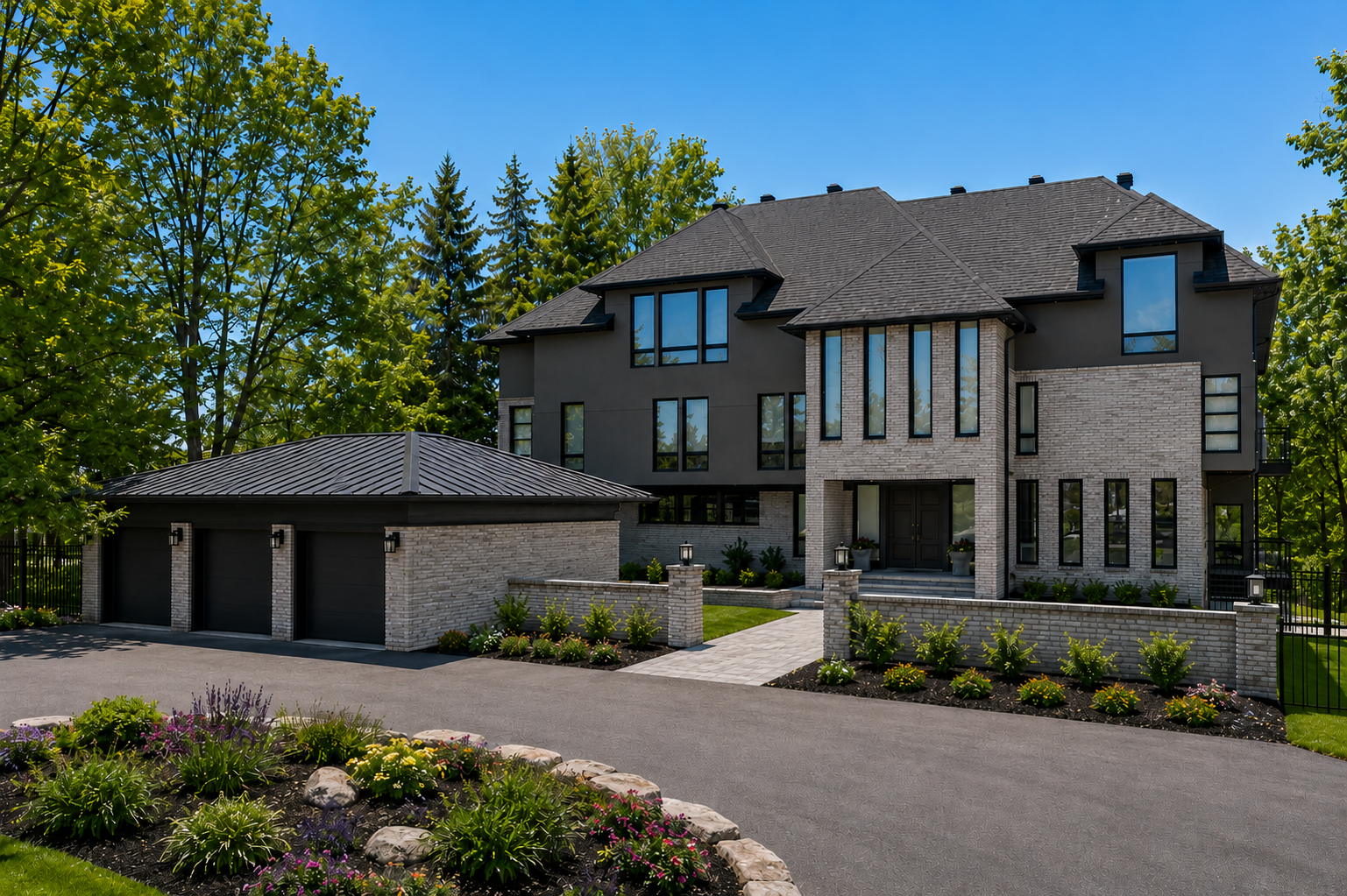 The residence seen from the driveway, with grey siding, stone walls and the garage
