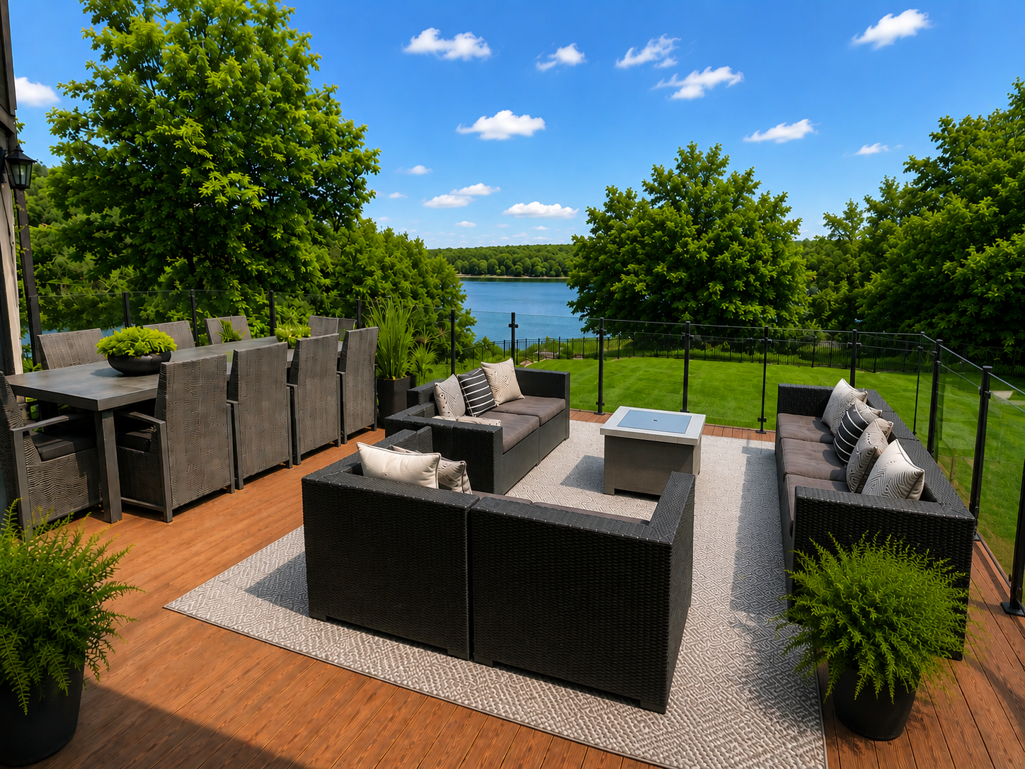 Patio lounge and outdoor dining on the deck with river views