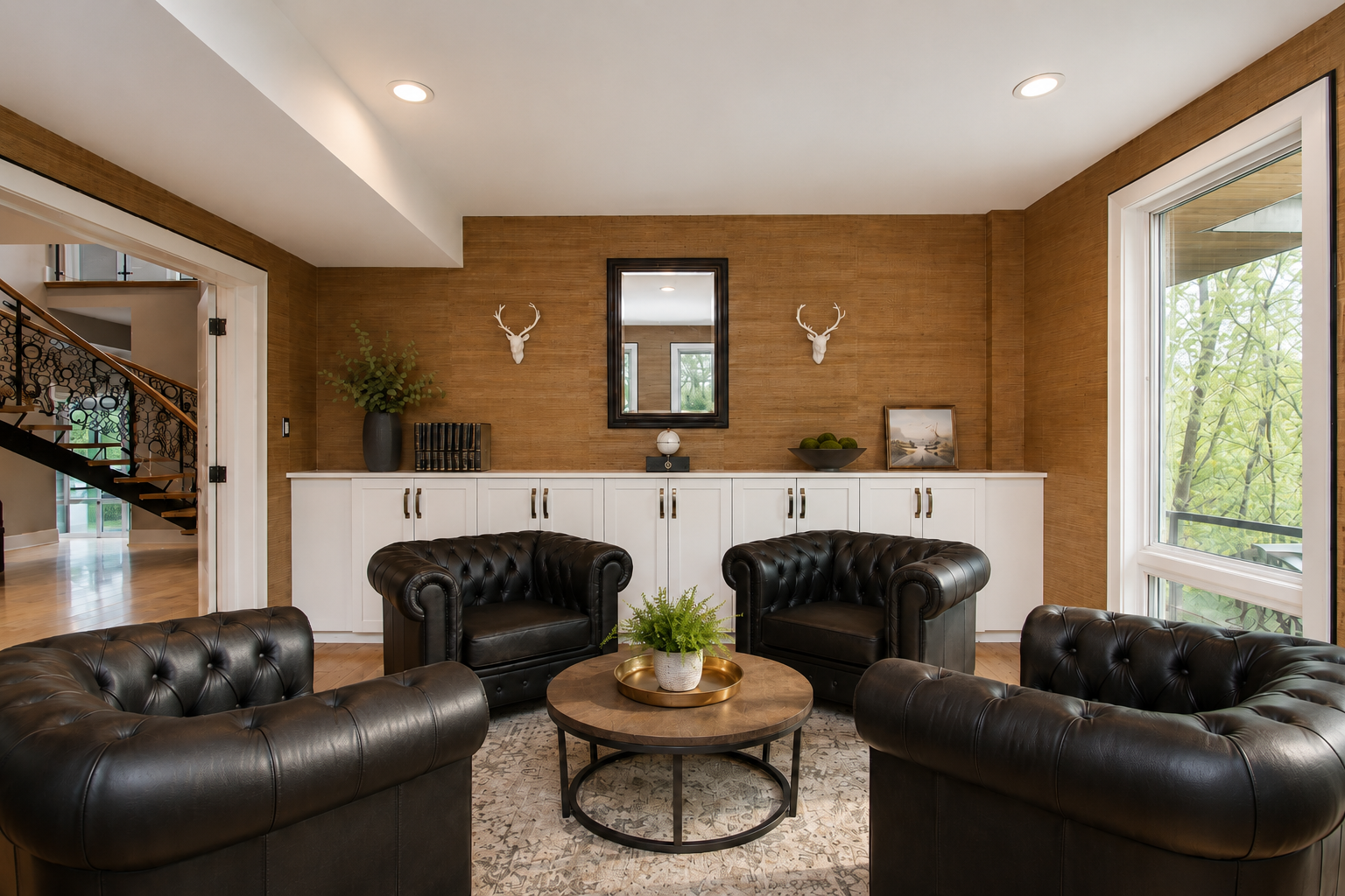 Private counselling room with leather armchairs set around a low table
