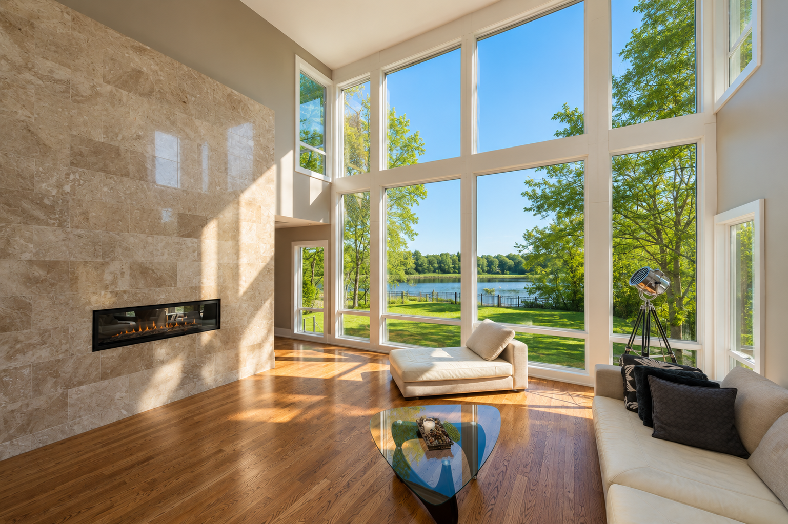 The 12 Lodge shared lounge overlooking the Rideau River