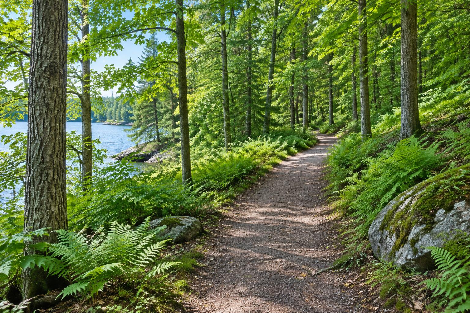A peaceful woodland path beside a lake